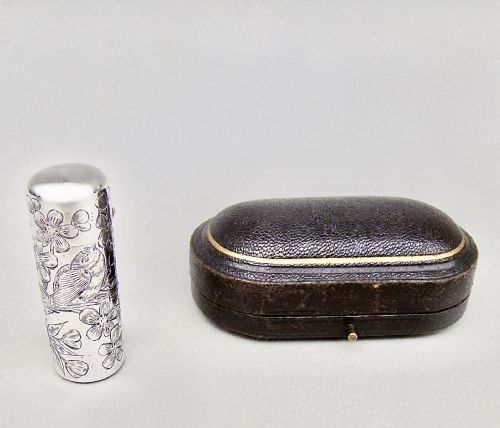 fig 1. CASED VICTORIAN SILVER AESTHETIC MOVEMENT SCENT BOTTLE BY SAMPSON MORDAN, LONDON 1889