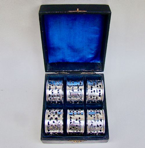 Matched Cased Set of Six Edwardian Solid Silver Napkin Rings by Broadway & Co,  Birmingham Circa 1910