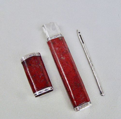 fig 1. RARE GEORGIAN SILVER MOUNTED RED LEATHER NEEDLE CASE / BODKIN ETUI, CIRCA 1795
