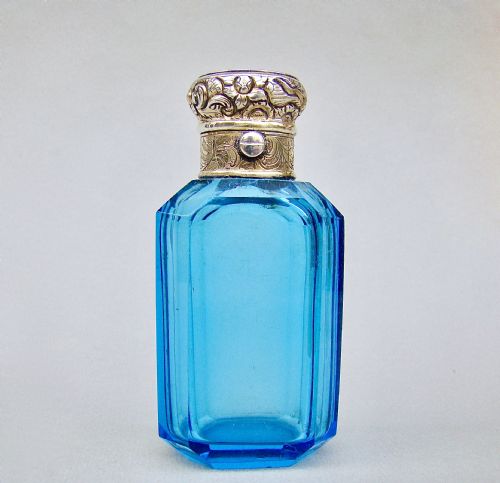 Fabulous Victorian Silver Gilt Turquoise Glass Scent Bottle, Circa 1850