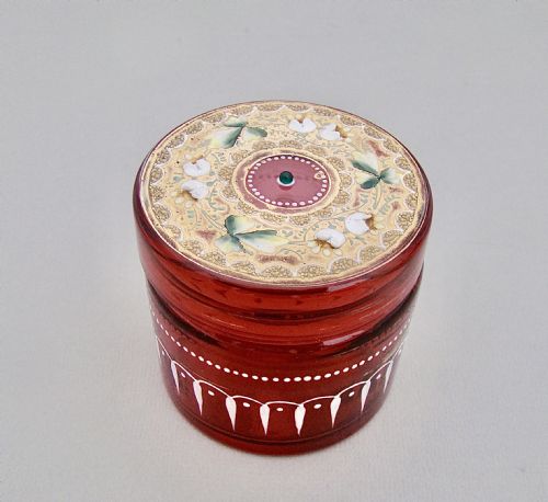 19th C. Moser Cranberry and Gilt Glass Dressing Table Jar, Circa 1890
