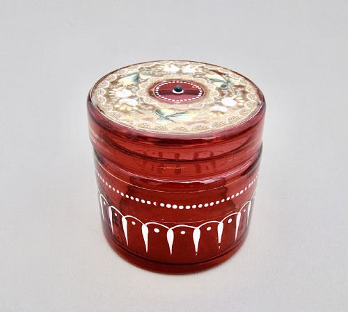 fig 1. 19TH C. MOSER CRANBERRY AND GILT GLASS DRESSING TABLE JAR, CIRCA 1890