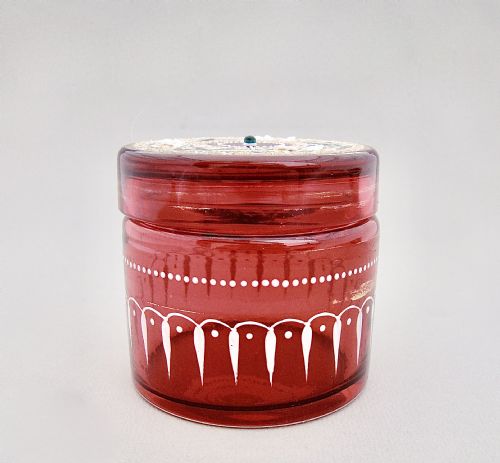 fig 2. 19TH C. MOSER CRANBERRY AND GILT GLASS DRESSING TABLE JAR, CIRCA 1890