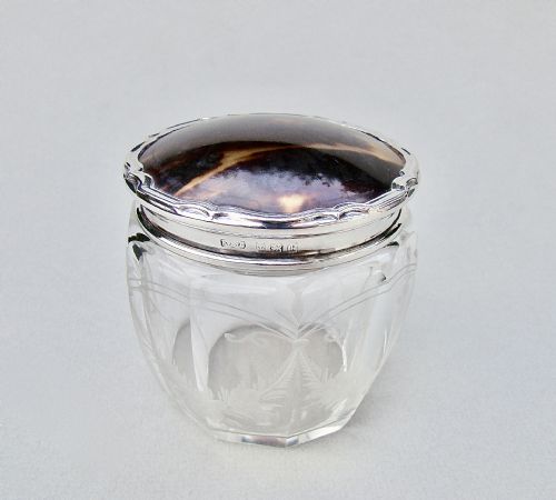 George V Silver & Tortoiseshell Etched Glass Vanity Jar by E. S. Barnsley, Birmingham 1915