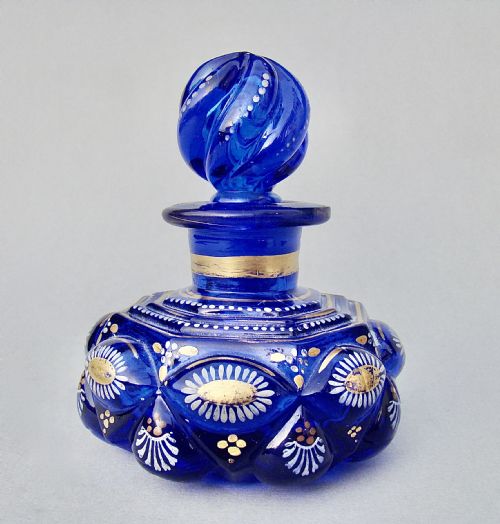 Victorian Enamelled Bristol Blue Pressed Glass Scent Bottle, Circa 1880
