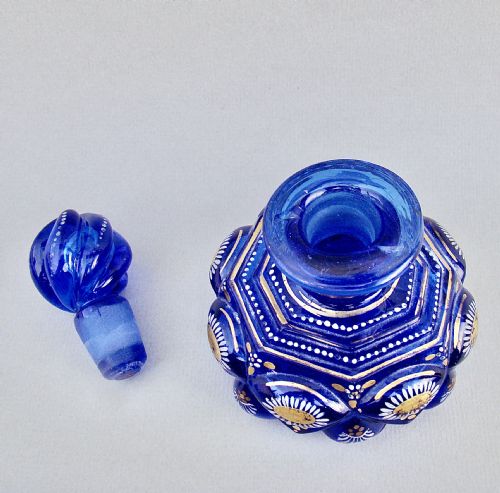 fig 2. VICTORIAN ENAMELLED BRISTOL BLUE PRESSED GLASS SCENT BOTTLE, CIRCA 1880