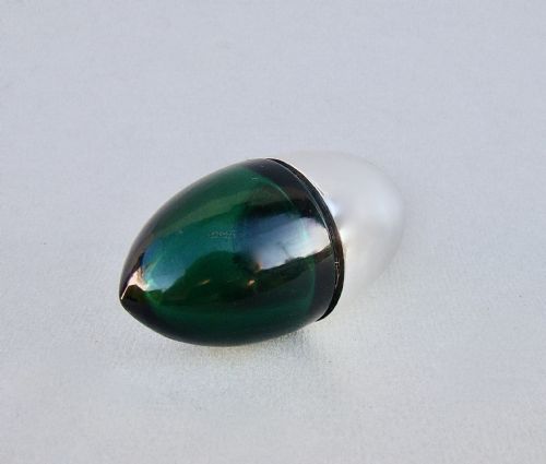 fig 1. LARGE EMERALD GREEN GLASS BULLET SHAPED SCENT BOTTLE WITH SILVER PLATED LID, CIRCA 1900.