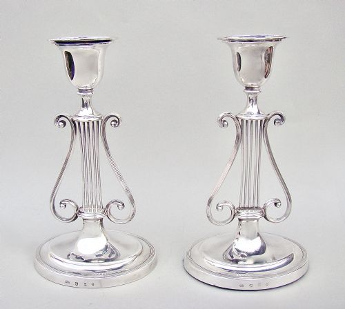 Rare Pair of Victorian Scottish Silver "Lyre" Table Candlestick by Hamilton & Inches, Edinburgh 1895