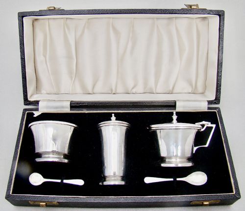 Elegant Silver Three Piece Condiment Set by Charles Green & Co, Birmingham 1947