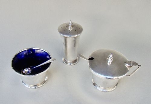 fig 1. ELEGANT SILVER THREE PIECE CONDIMENT SET BY CHARLES GREEN & CO, BIRMINGHAM 1947