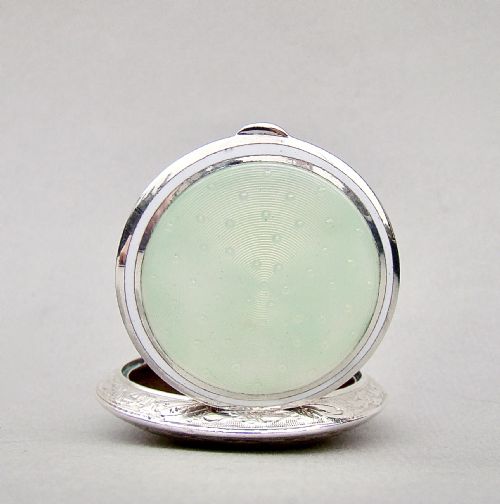 fig 1. EXQUISITE ART DECO CONTINENTAL SILVER AND GUILLOCHE ENAMEL COMPACT, CIRCA 1930