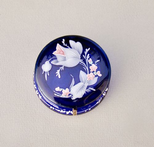 19th Century French Enamelled Bristol Blue Glass Trinket Box, Circa 1890