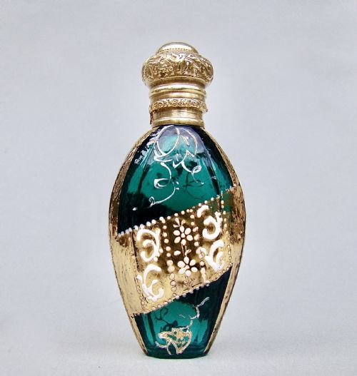 Exquisite Victorian Ormulu Mounted Bristol Green Enamelled Glass Scent Bottle , Circa 1890