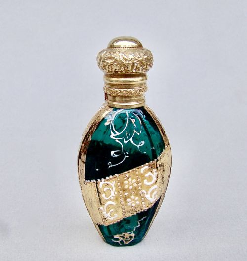 fig 1. EXQUISITE VICTORIAN ORMULU MOUNTED BRISTOL GREEN ENAMELLED GLASS SCENT BOTTLE , CIRCA 1890