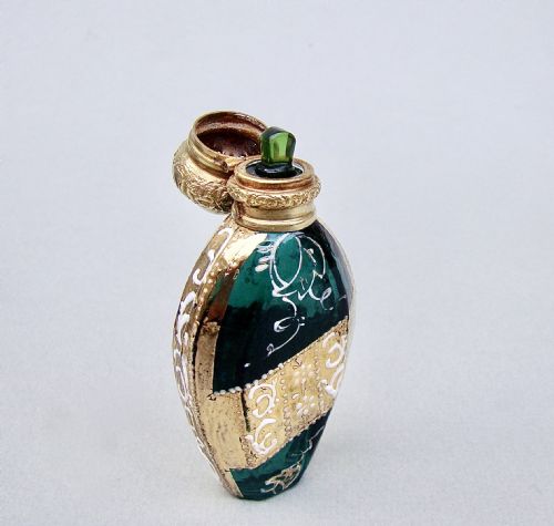 fig 2. EXQUISITE VICTORIAN ORMULU MOUNTED BRISTOL GREEN ENAMELLED GLASS SCENT BOTTLE , CIRCA 1890