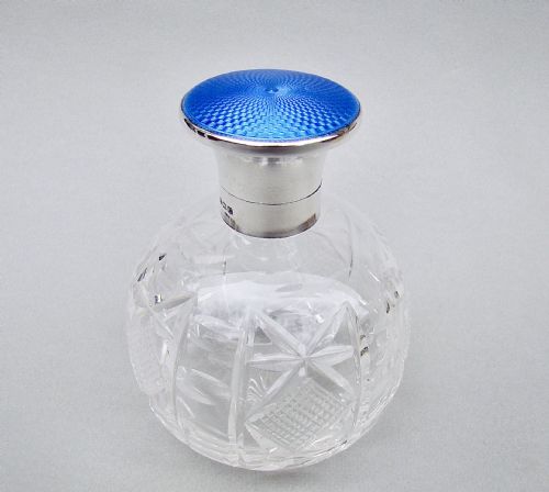 Large Art Deco Silver Mounted Guilloche Enamel Glass Scent Bottle by Mappin & Webb, Birmingham 1927