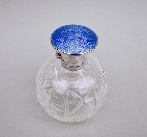 fig 1. LARGE ART DECO SILVER MOUNTED GUILLOCHE ENAMEL GLASS SCENT BOTTLE BY MAPPIN & WEBB, BIRMINGHAM 1927
