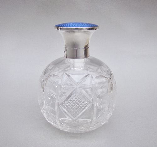 fig 2. LARGE ART DECO SILVER MOUNTED GUILLOCHE ENAMEL GLASS SCENT BOTTLE BY MAPPIN & WEBB, BIRMINGHAM 1927