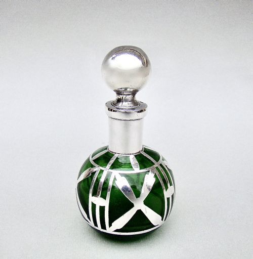 Art Nouveau Overlay Sterling Silver & Green Glass Scent Bottle, Circa 1900
