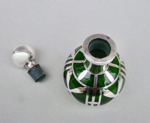 fig 2. ART NOUVEAU OVERLAY STERLING SILVER & GREEN GLASS SCENT BOTTLE, CIRCA 1900