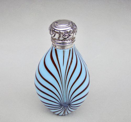 fig 1. RARE EDWARDIAN SILVER MOUNTED NAILSEA TYPE GLASS SCENT BOTTLE BY LEVI & SALAMAN, BIRMINGHAM 1902