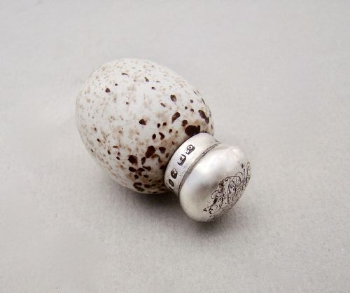 fig 2. RARE VICTORIAN SILVER & PORCELAIN SPECKLED EGG SCENT BOTTLE BY SAUNDERS & SHEPHERD, BIRMINGHAM  1888