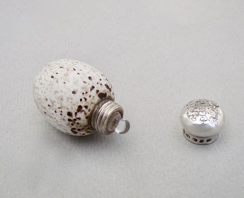 fig 3. RARE VICTORIAN SILVER & PORCELAIN SPECKLED EGG SCENT BOTTLE BY SAUNDERS & SHEPHERD, BIRMINGHAM  1888