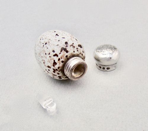 fig 4. RARE VICTORIAN SILVER & PORCELAIN SPECKLED EGG SCENT BOTTLE BY SAUNDERS & SHEPHERD, BIRMINGHAM  1888
