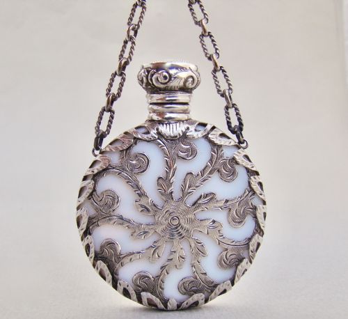 fig 1. RARE VICTORIAN SILVER CASED OPALINE GLASS CHATELAINE SCENT BOTTLE, CIRCA 1880