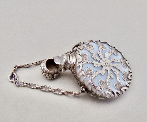 fig 2. RARE VICTORIAN SILVER CASED OPALINE GLASS CHATELAINE SCENT BOTTLE, CIRCA 1880