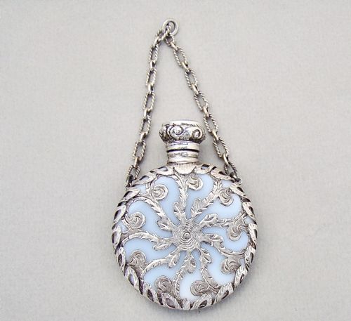 Rare Victorian Silver Cased Opaline Glass Chatelaine Scent Bottle, Circa 1880