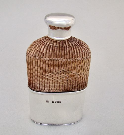fig 1. SUPERB VICTORIAN SILVER MOUNTED WICKER BOUND GLASS SPIRIT FLASK BY BROWNETT & ROSE, LONDON 1862