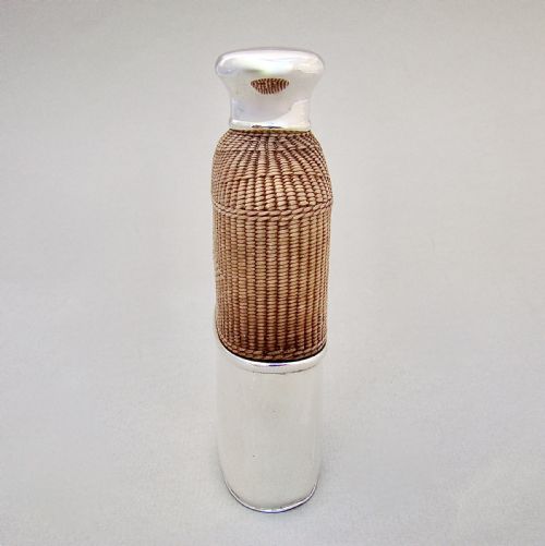 fig 2. SUPERB VICTORIAN SILVER MOUNTED WICKER BOUND GLASS SPIRIT FLASK BY BROWNETT & ROSE, LONDON 1862