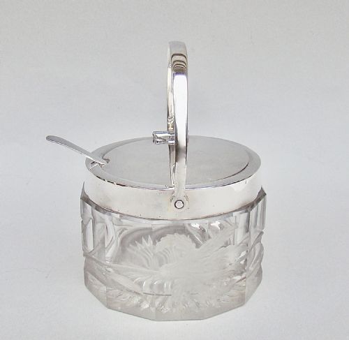 Fabulous Art Nouveau Hukin & Heath Automated Silver Plated Etched Glass Preserve Jar with Silver Preserve Spoon