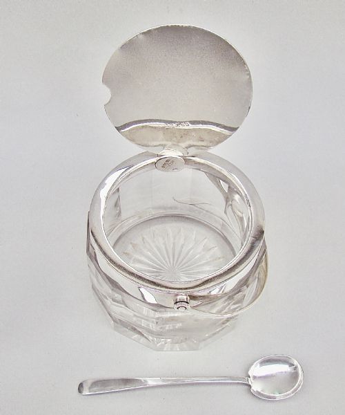 fig 1. FABULOUS ART NOUVEAU HUKIN & HEATH AUTOMATED SILVER PLATED ETCHED GLASS PRESERVE JAR WITH SILVER PRESERVE SPOON