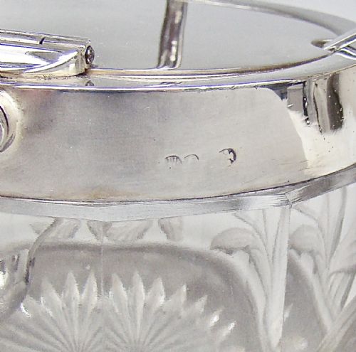 fig 4. FABULOUS ART NOUVEAU HUKIN & HEATH AUTOMATED SILVER PLATED ETCHED GLASS PRESERVE JAR WITH SILVER PRESERVE SPOON