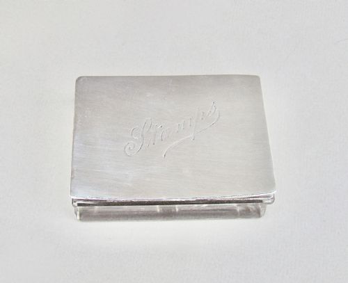 fig 1. UNUSUAL ART DECO SILVER MOUNTED NOVELTY DOUBLE STAMP BOX WITH BOOK SHAPED GLASS BODY, LONDON 1922