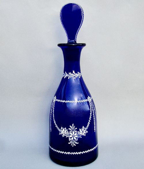 Beautiful Victorian Enamelled Bristol Blue Glass Decanter, Circa 1890