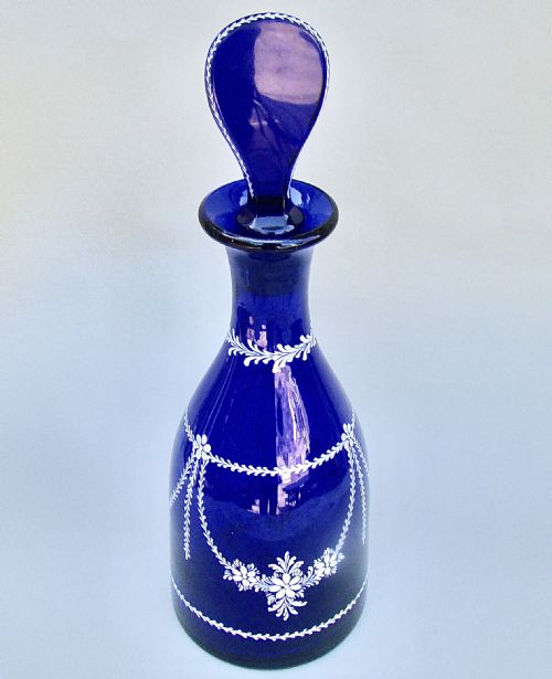 fig 1. BEAUTIFUL VICTORIAN ENAMELLED BRISTOL BLUE GLASS DECANTER, CIRCA 1890