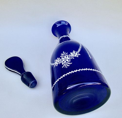 fig 2. BEAUTIFUL VICTORIAN ENAMELLED BRISTOL BLUE GLASS DECANTER, CIRCA 1890