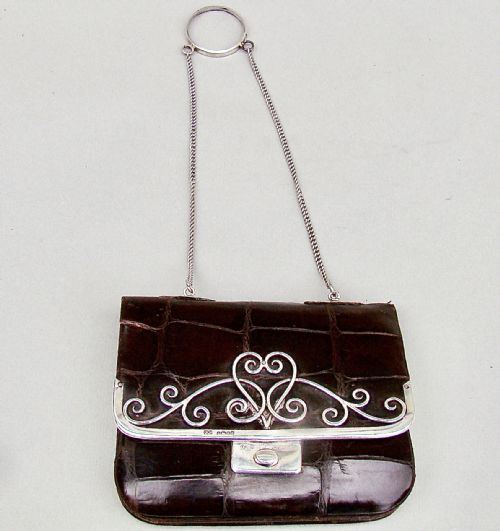 fig 1. FABULOUS ART NOUVEAU SILVER & CROCODILE SKIN PURSE BY OLIVER & CO, IMPORT MARKS FOR BIRMINGHAM 1902