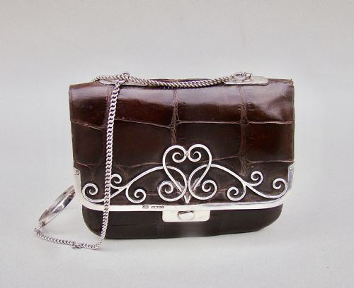 Fabulous Art Nouveau Silver & Crocodile Skin Purse by Oliver & Co, Import Marks for Birmingham 1902