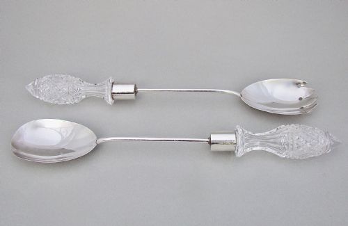 fig 1. GOOD PAIR OF SOLID SILVER & CUT GLASS SALAD SERVERS BY THE ARMY & NAVY, LONDON 1913