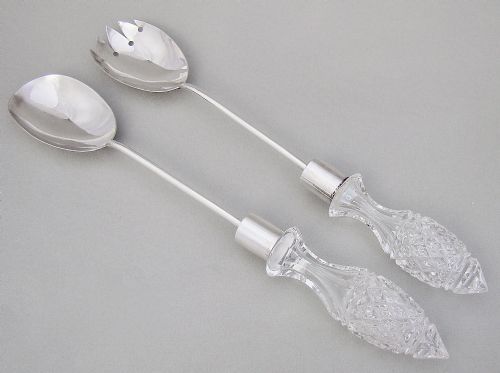 Good Pair of  Solid Silver & Cut Glass Salad Servers by the Army & Navy, London 1913