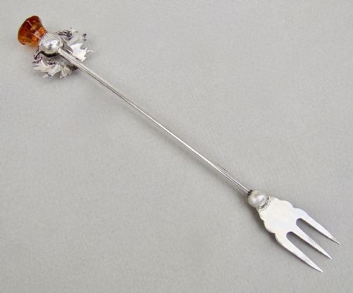 Art Deco Silver and Amber Thistle Cocktail Fork or Pickle Fork by Adie & Lovekin, Birmingham 1927