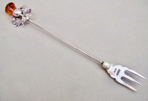 fig 1. ART DECO SILVER AND AMBER THISTLE COCKTAIL FORK OR PICKLE FORK BY ADIE & LOVEKIN, BIRMINGHAM 1927