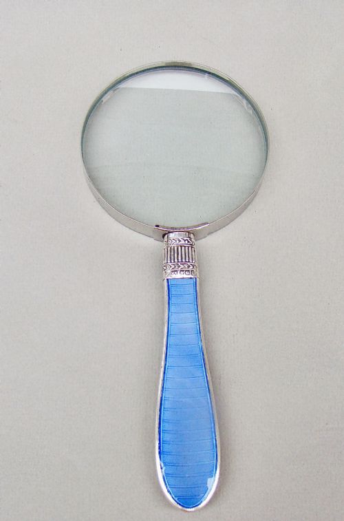 fig 1. STUNNING SILVER & GUILLOCHE ENAMEL LARGE DESK MAGNIFYING GLASS BY WILLIAM YATES, SHEFFIELD 1899
