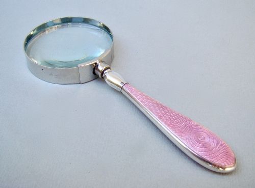 fig 1. SMALL GEORGE V SILVER & GUILLOCHE ENAMEL MAGNIFYING GLASS BY THE COOPER BROTHERS, BIRMINGHAM 1918