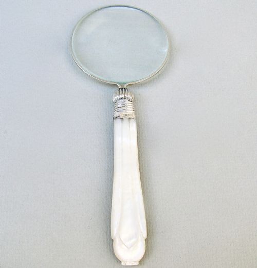 George Silver Mounted Mother of Pearl Desk Magnifying Glass by James A. Scholes, Sheffield 1911