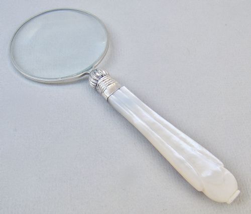 fig 2. GEORGE SILVER MOUNTED MOTHER OF PEARL DESK MAGNIFYING GLASS BY JAMES A. SCHOLES, SHEFFIELD 1911